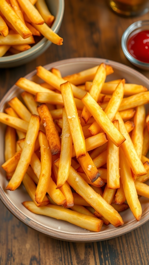 Crispy Homemade French Fries in Instant Pot Air Fryer Crispy homemade French fries in a bowl with ketchup on a wooden table.